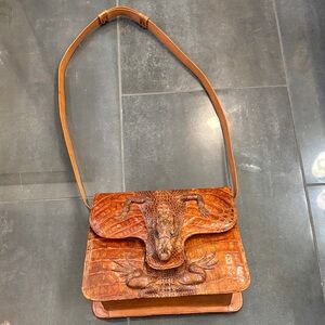 Crocodile Embossed Tan Leather Shoulder Bag